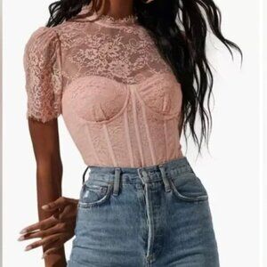 Astr Lacie Illusion Lace Bodysuit Dusty Pink Bustier M NEW